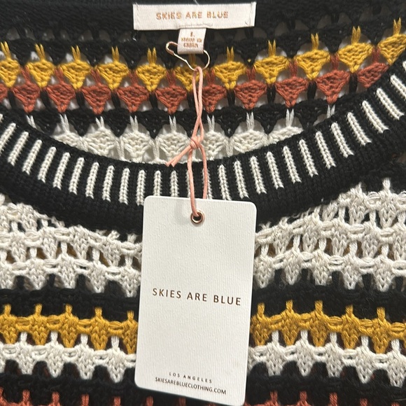 NWT Skies Are Blue Crochet Striped knit Sweater black white brown size large - Picture 2 of 6